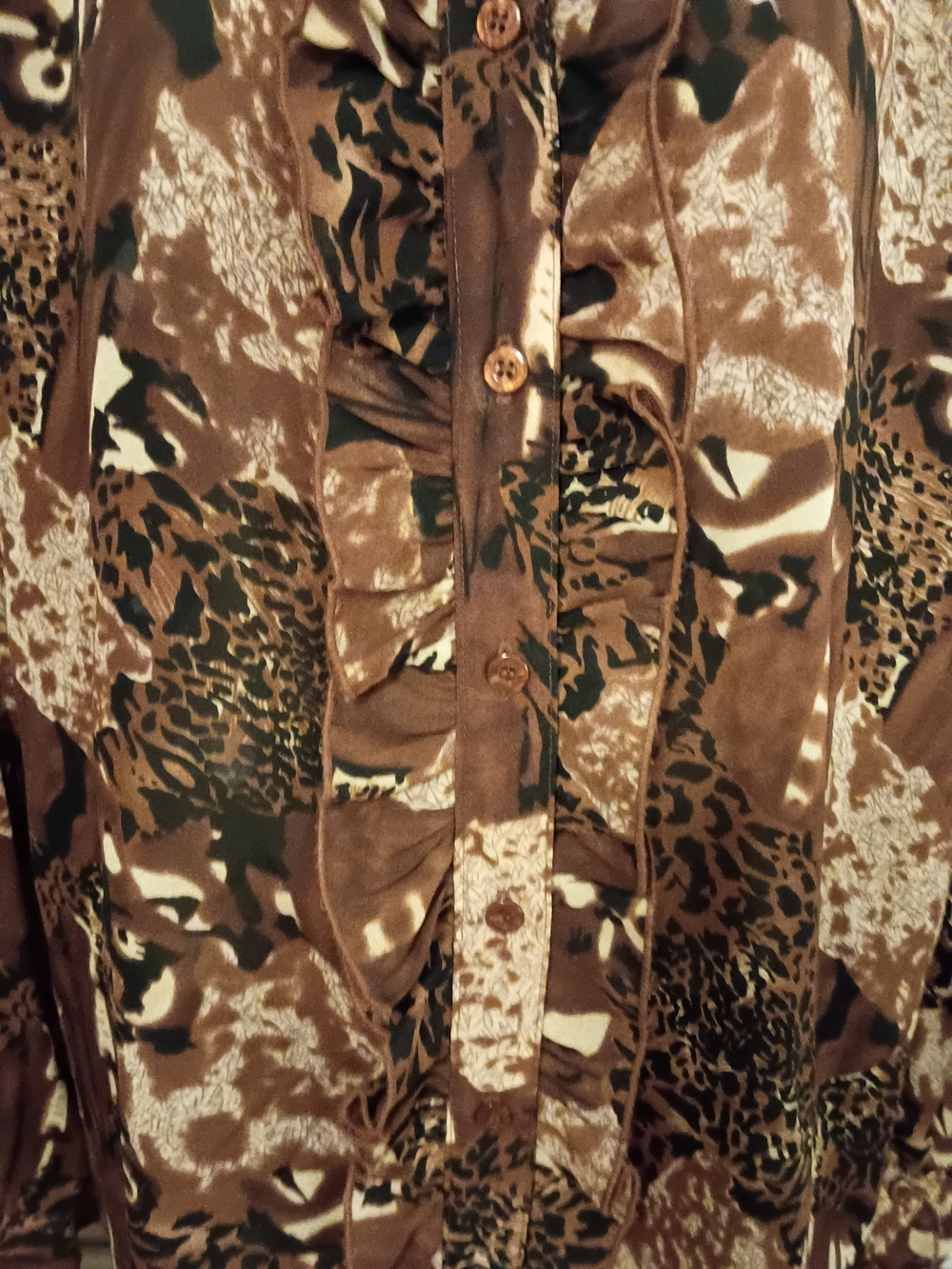 Brown Printed Ruffle-Front Button Down Blouse - Picture 5 of 7